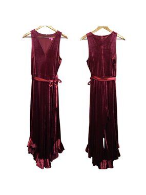 Betsey Johnson Velvet Jumpsuit Sleeveless Ruffled Wide Leg Red Burgundy Size 8